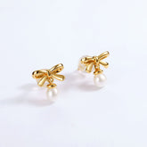Polished Bowknot Round Pearl Pendant Sterling Silver Drop Earrings